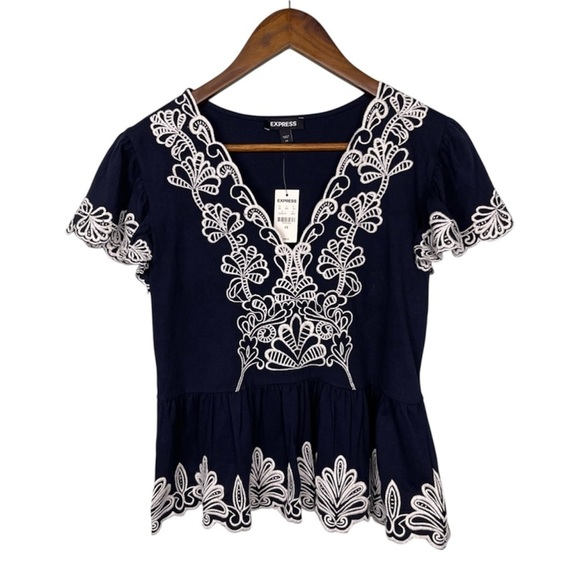 Express Navy/White Floral Embroidered Peplum Top - Picture 1 of 8
